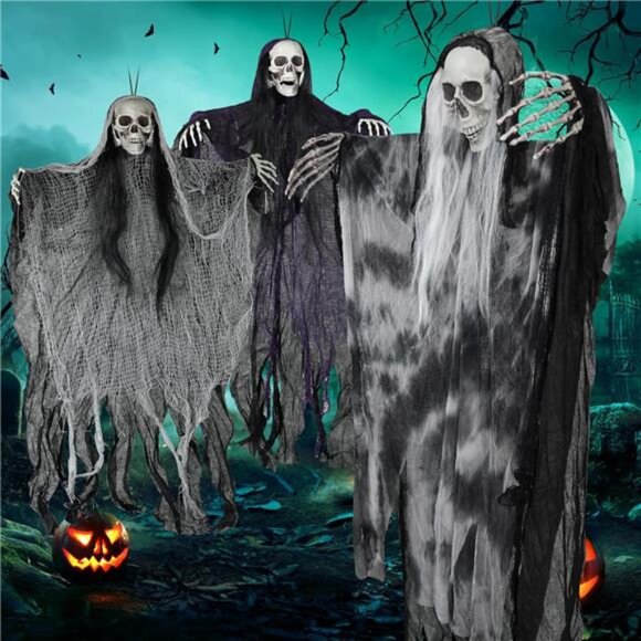 3 Pack Hanging Skeleton Ghost Halloween Decorations, Black